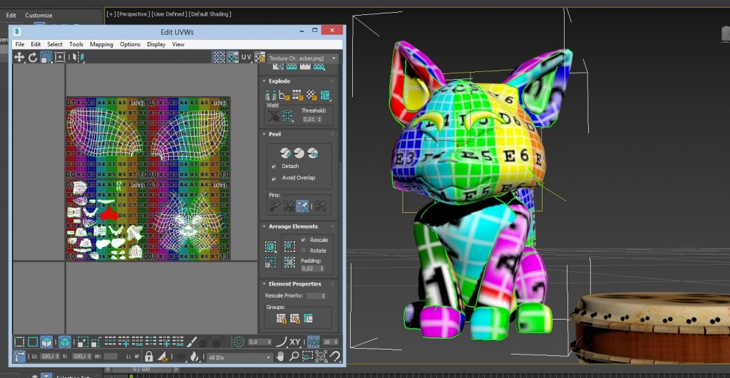 A parte de tener una cuadrícula mulñti color y numerada que me permite controlar mejor, no sólo la distorsión de la textura sino también la oreintación de las partes y su firma de conectarse, contamos con una nueva ecuación de empaquetado de UV's, selección simétrica de sub objetos y además ahora se puede seleecionar como si estuvieramos modelando cone l olígono editable. El mapping es una de las joyas de esta versión de MAX 