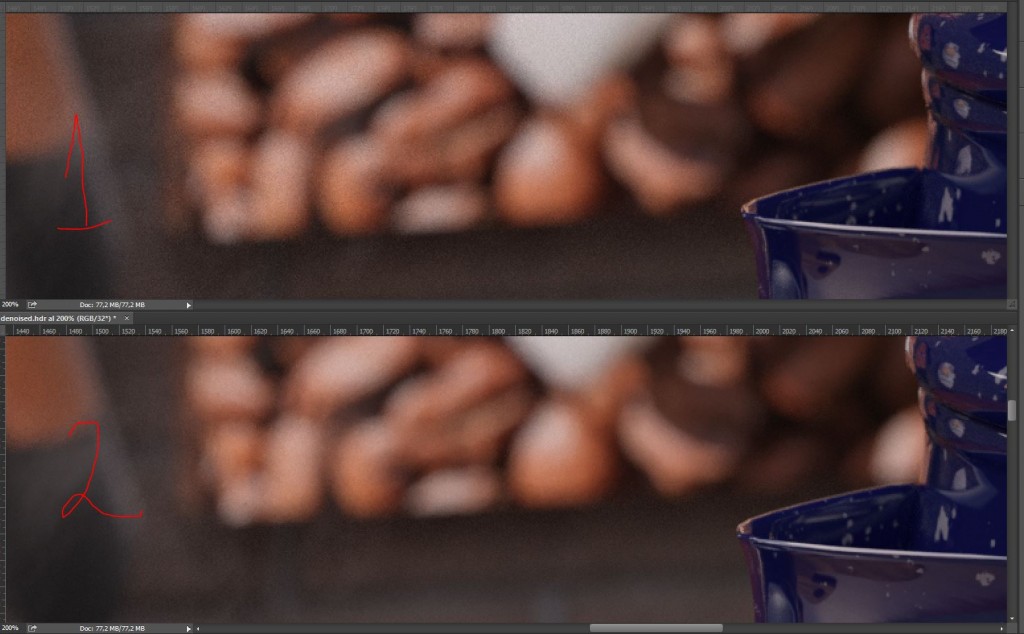 El "denoiser" en acción. Arriba (1) sin el "pulido" aplicado y abajo (2) con el denoiser activado.