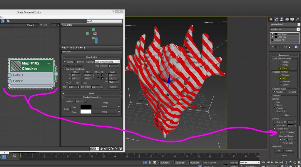 En nuestyro caso le decimos que queremos elegir "caras" (faces) en modo aditivo (ADD) y mediante un mapa (checker que habremos modificado para que se vea como en la captura. El resultado son todos eso poligonos resaltados en rojo. 