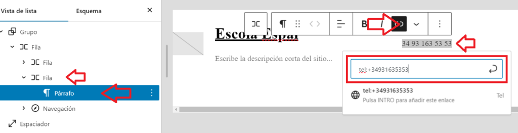 Añadimos un párrafo con un enlace con el teléfono