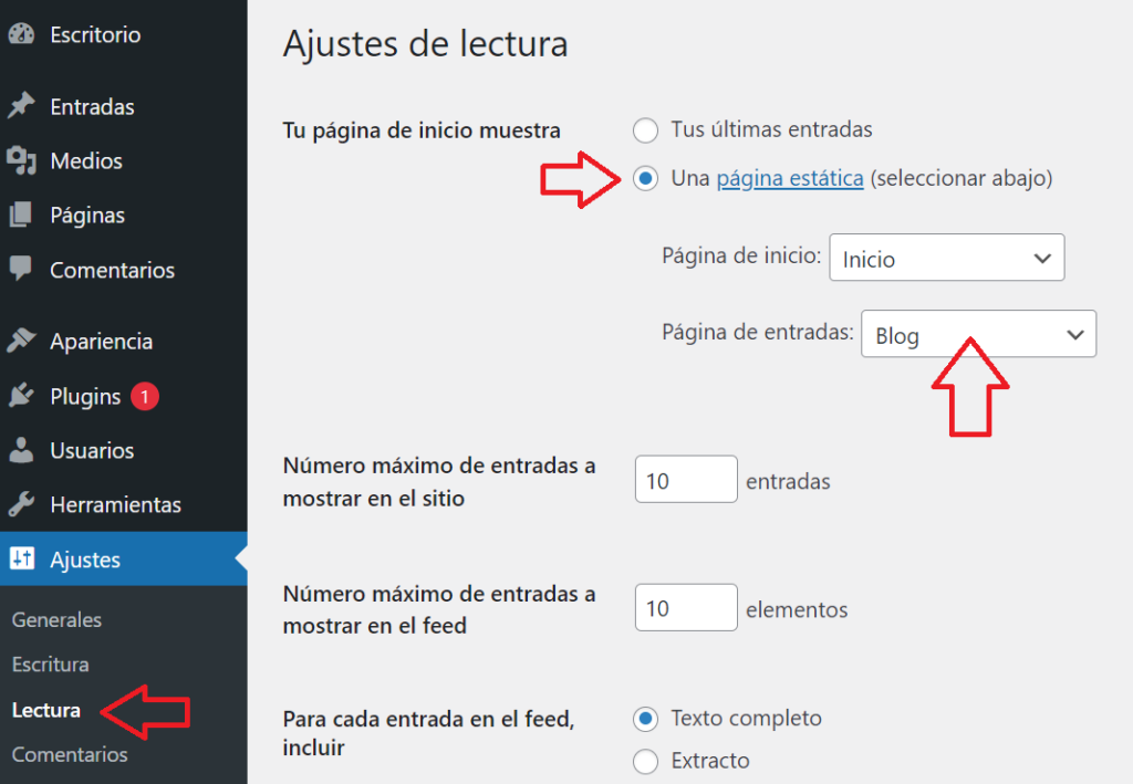 Asignamos la página de entradas