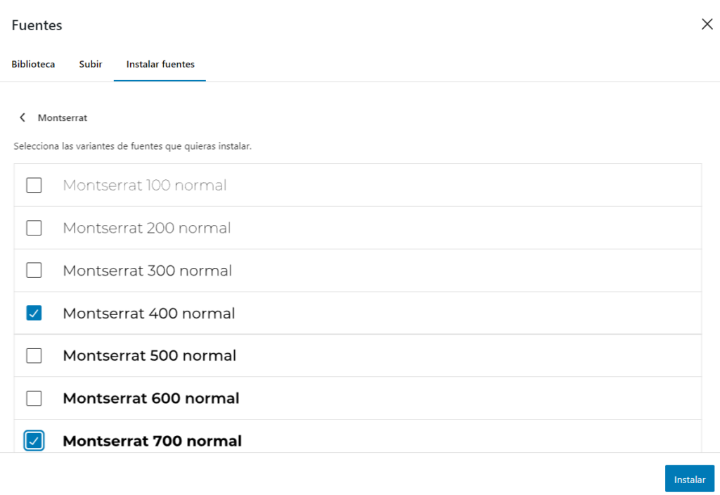 Seleccionamos la fuente y los grosores que queremos