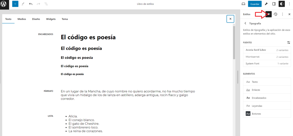 El "libro de estilos" nos permite tener una visión global del aspecto de nuestro tema.