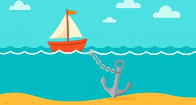 Ilustración colorida en estilo plano de un pequeño velero flotando sobre el mar turquesa, sujeto por una gran ancla en el fondo marino — metáfora visual del funcionamiento de CSS Anchor Position.